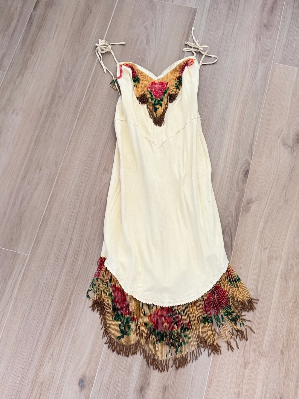 1970s vintage Cream beaded rose Fringe suede Dress by Clifford Olson leather